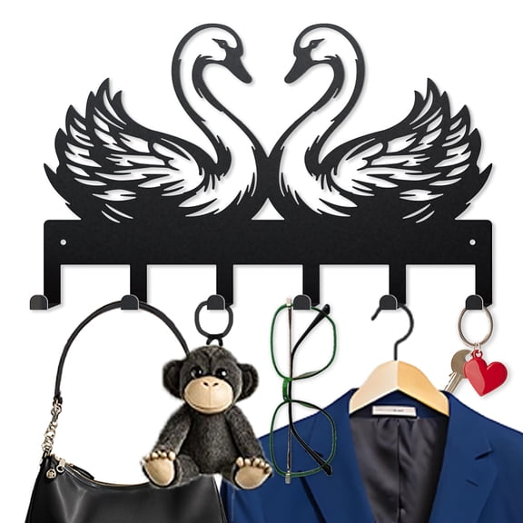 Swan Love Metal Key Hooks 15.79.8 Inch Feather Animal Wall Mounted Hook Hangers Lake Black Key Holder for Wall with 6 Hooks