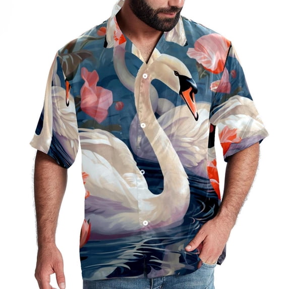 Swan Men's Casual Hawaiian Shirt Printed Button Down Short Sleeve Summer Beach Shirts Unisex