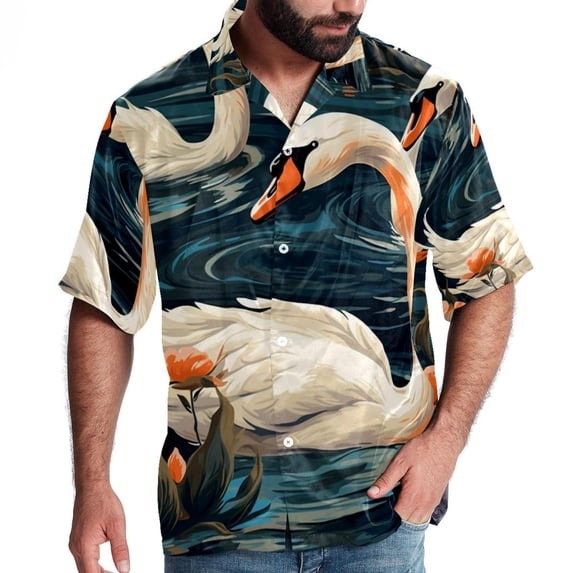 Swan Men's Short Sleeve Beach Shirts Button Down Poplin Casual Printed Summer Unisex
