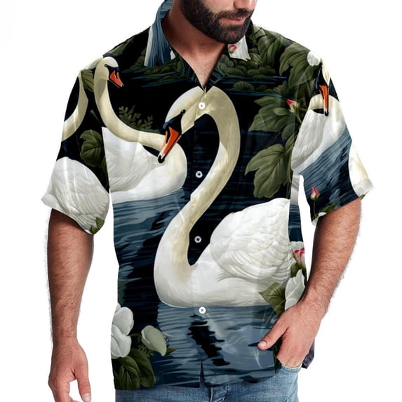 Swan Men's Short Sleeve Beach Shirts, Casual Poplin Button Down Shirt, Summer Casual Printed Unisex Shirts