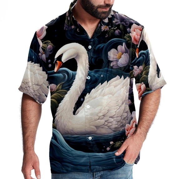 Swan Men's Short Sleeve Beach Shirts, Casual Printed Button Down Poplin Shirt Summer.