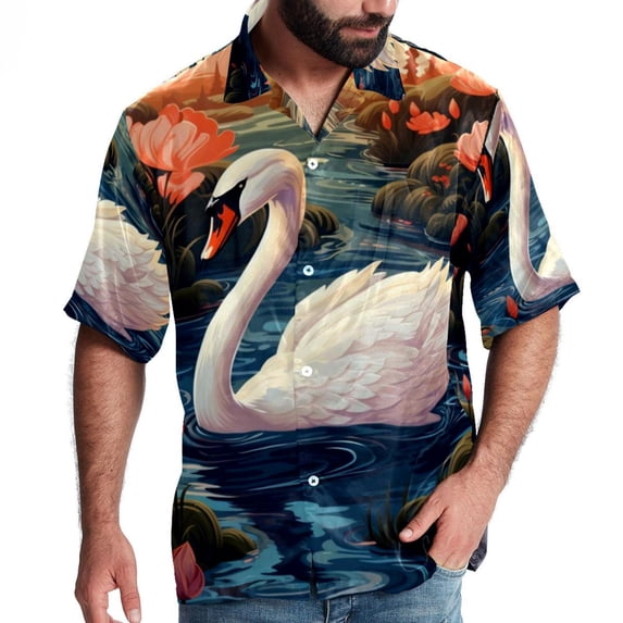 Swan Men's Short Sleeve Casual Printed Button Down Beach Shirts