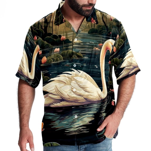 Swan Men's Short Sleeve Hawaiian Beach Poplin Shirt Casual Printed Button Down Summer Unisex Shirt