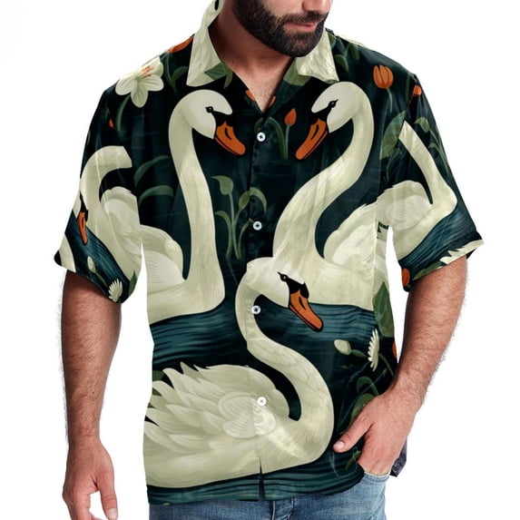 Swan Men's Spread Collar Tops, Casual Button Down Shirts for Summer Beach, Printed Short Sleeve Shirts - Unisex