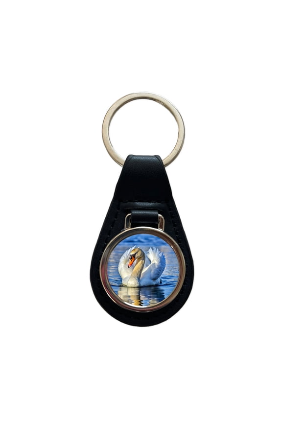 Swan Metal Black Leather Keychain