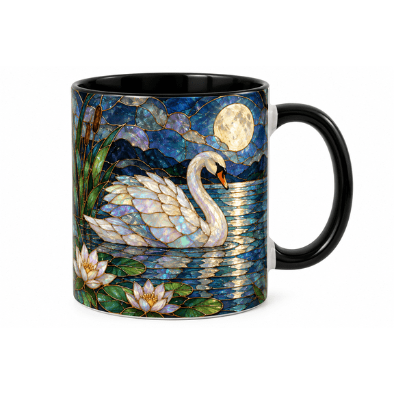 Swan Moonlit Lake Stained Glass 11 oz Coffee Mug, Stained Glass Art Ceramic Cup, Unique Gift for Home Office Decor