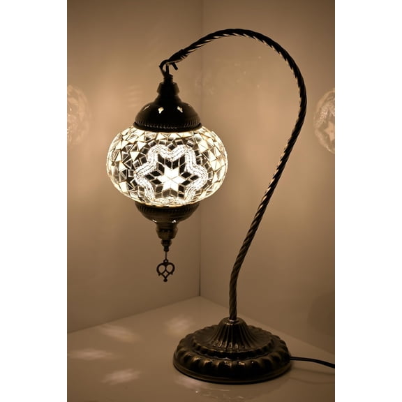 Swan Neck Turkish Moroccan Lamp Handmade Stained Mosaic Glass Vintage Lamp Shade Bohemian Tiffany Style Bedside Night Lamp Lighting for Bedroom Living Room (White1)
