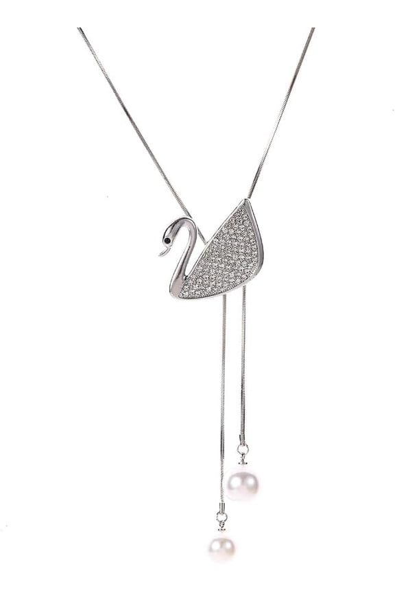 Swan Necklace Silver Cubic Zirconia Elegant Swan Pendant Adjustable Long Chain Sweater Necklace Fashion Accessory Gift for Women[z369]