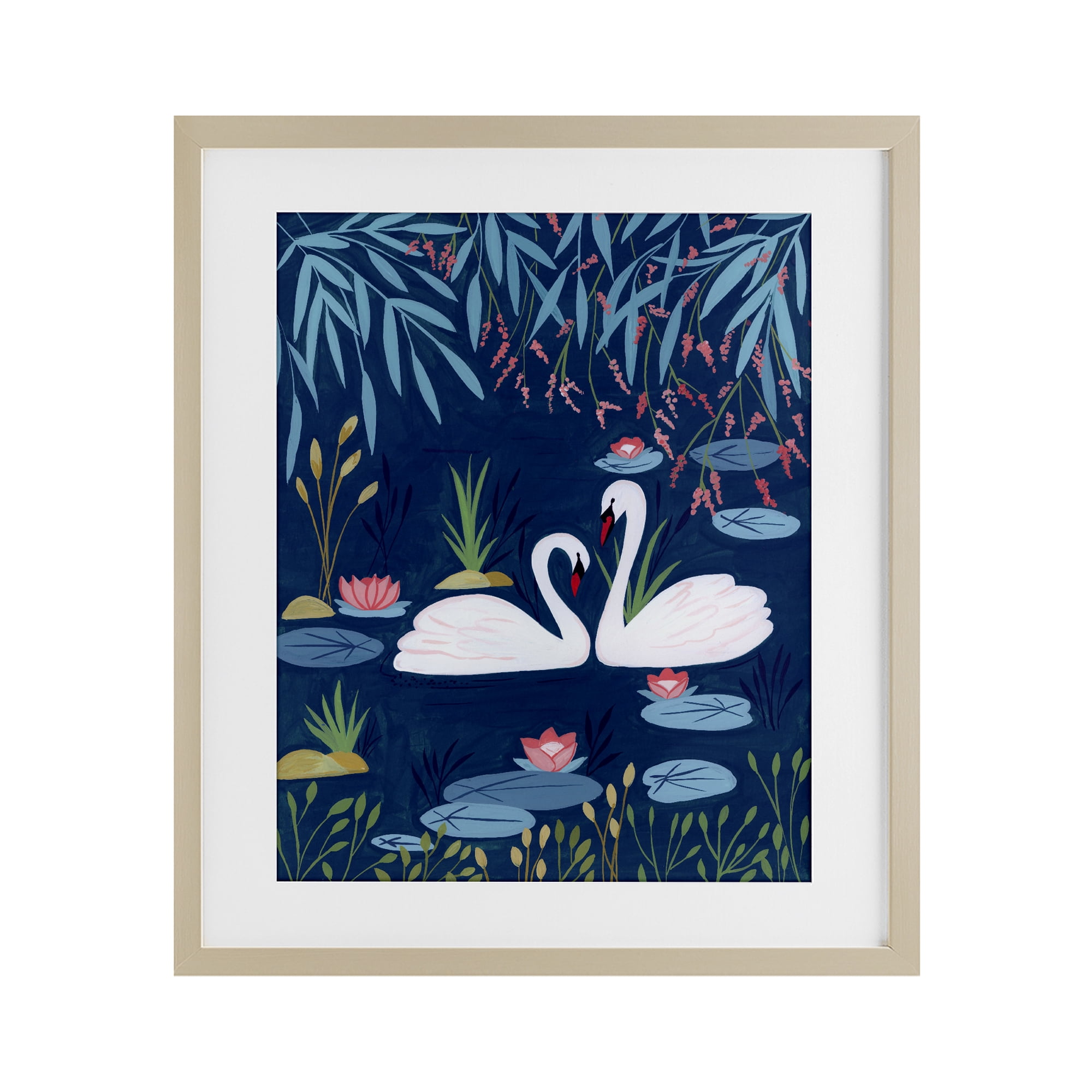 Swan Pair on Blue Pond Birch Framed Print Under Glass, design by Nabeela Rumi
