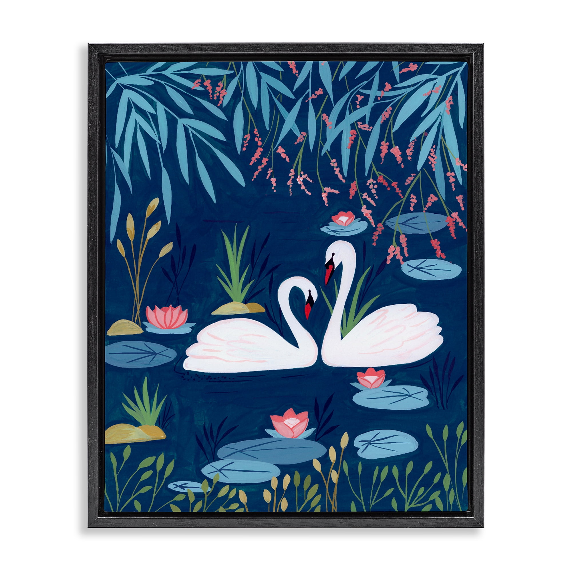 Swan Pair on Blue Pond Black Framed Floater Canvas Wall Art, design by Nabeela Rumi