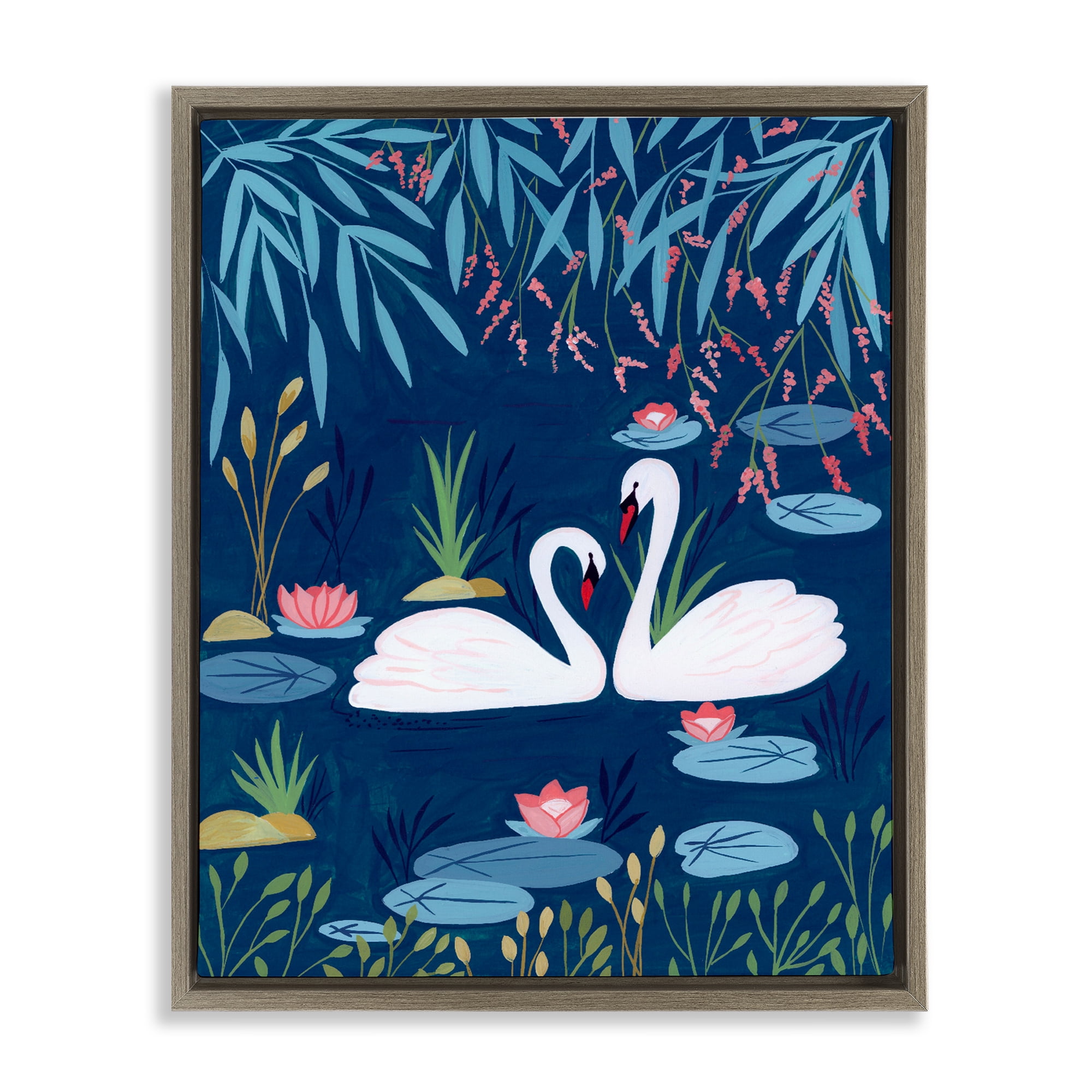 Swan Pair on Blue Pond Brown Framed Floater Canvas Wall Art, design by Nabeela Rumi