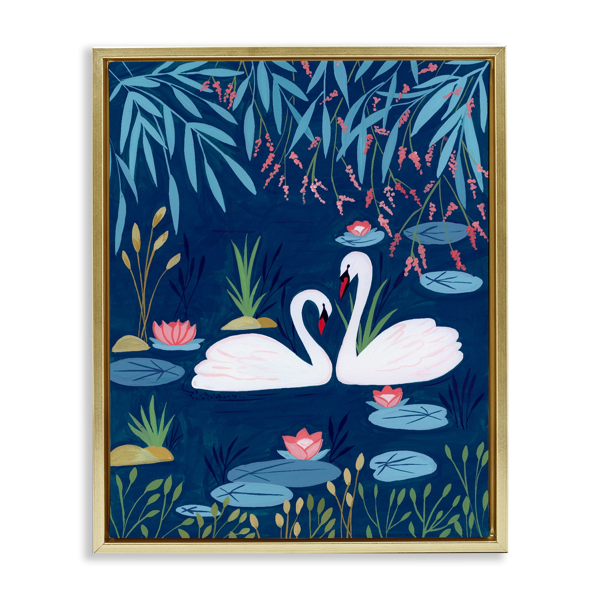 Swan Pair on Blue Pond Gold Framed Floater Canvas Wall Art, design by Nabeela Rumi