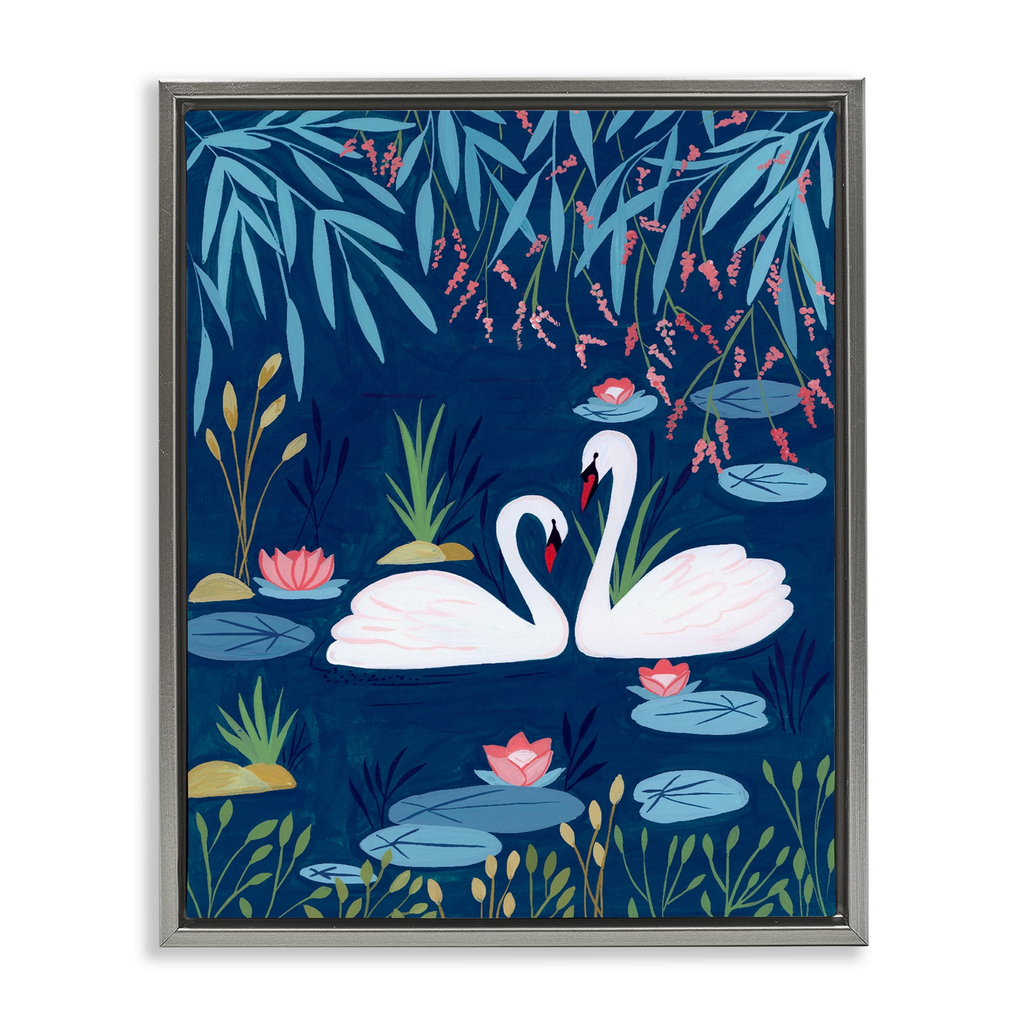 Swan Pair on Blue Pond Gray Framed Floater Canvas Wall Art, design by Nabeela Rumi