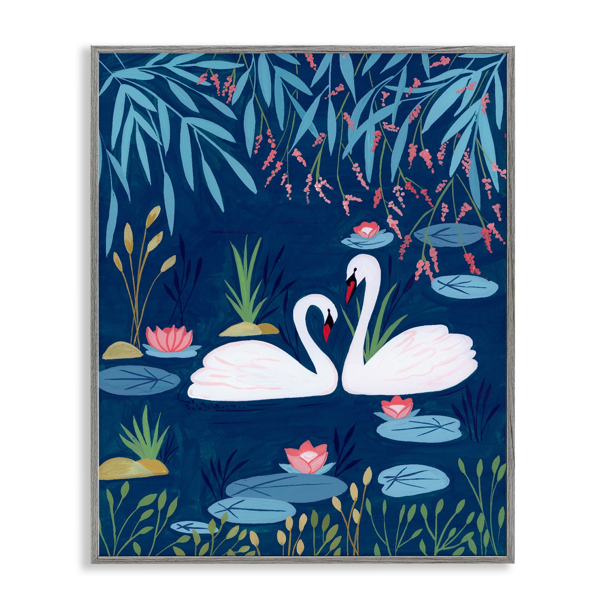 Swan Pair on Blue Pond Gray Framed Giclee Art, design by Nabeela Rumi