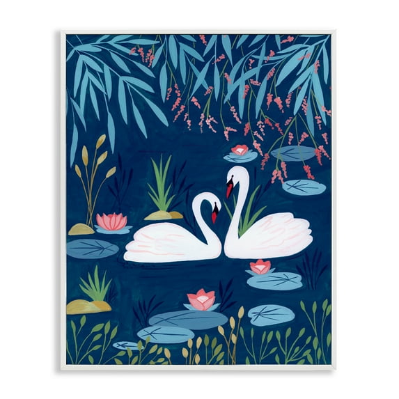 Swan Pair on Blue Pond White Framed Giclee Art, design by Nabeela Rumi