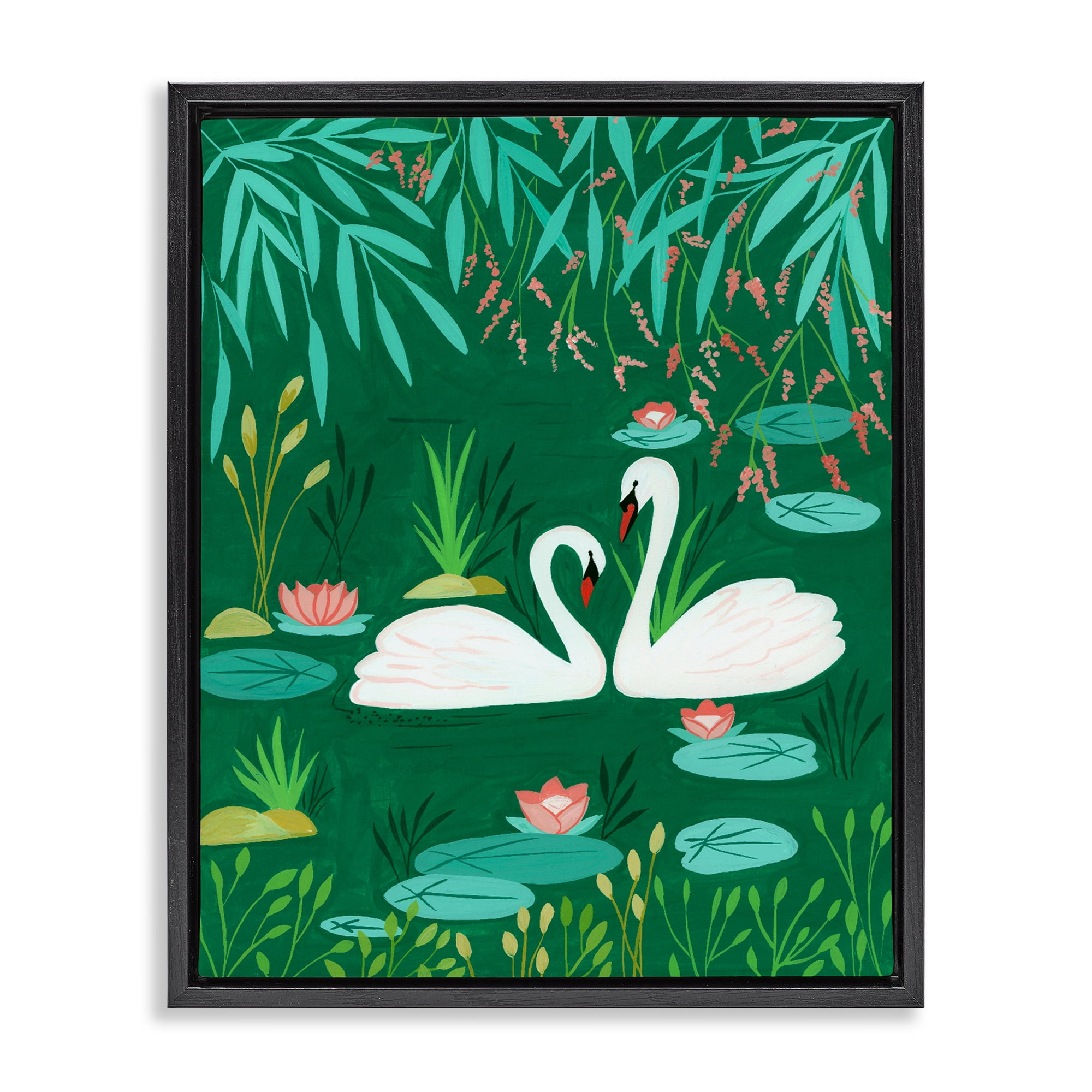 Swan Pair on Green Pond Black Framed Floater Canvas Wall Art, design by Nabeela Rumi