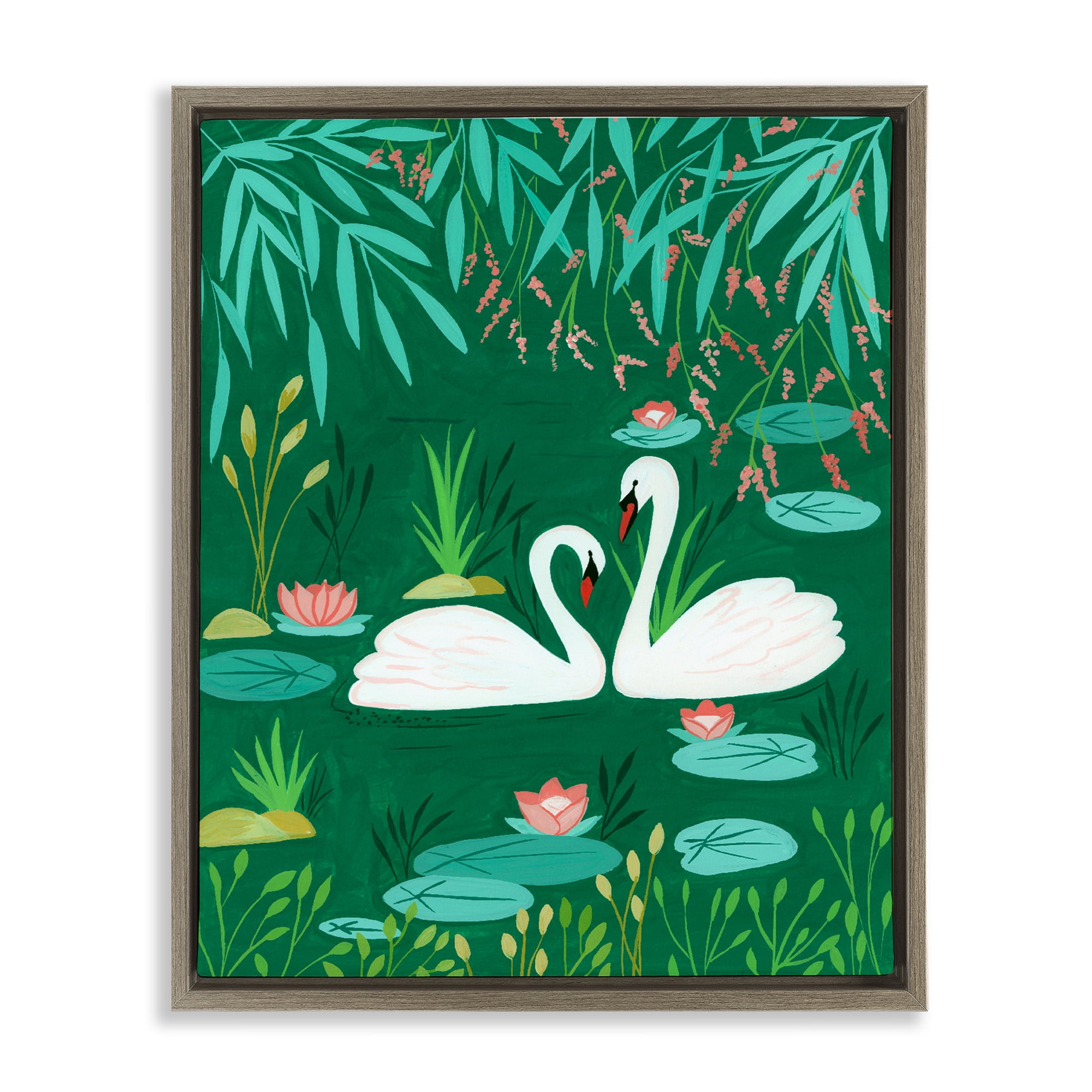 Swan Pair on Green Pond Brown Framed Floater Canvas Wall Art, design by Nabeela Rumi