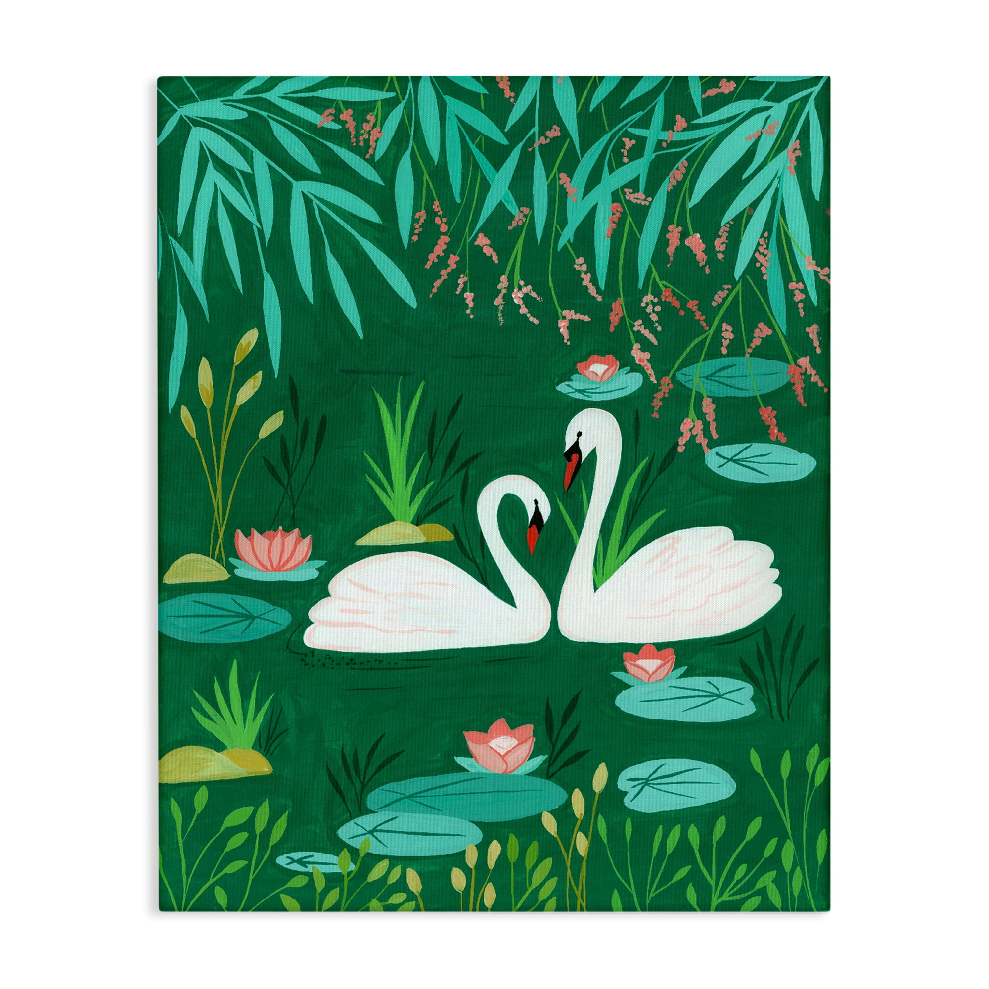Swan Pair on Green Pond Canvas Wall Art, design by Nabeela Rumi