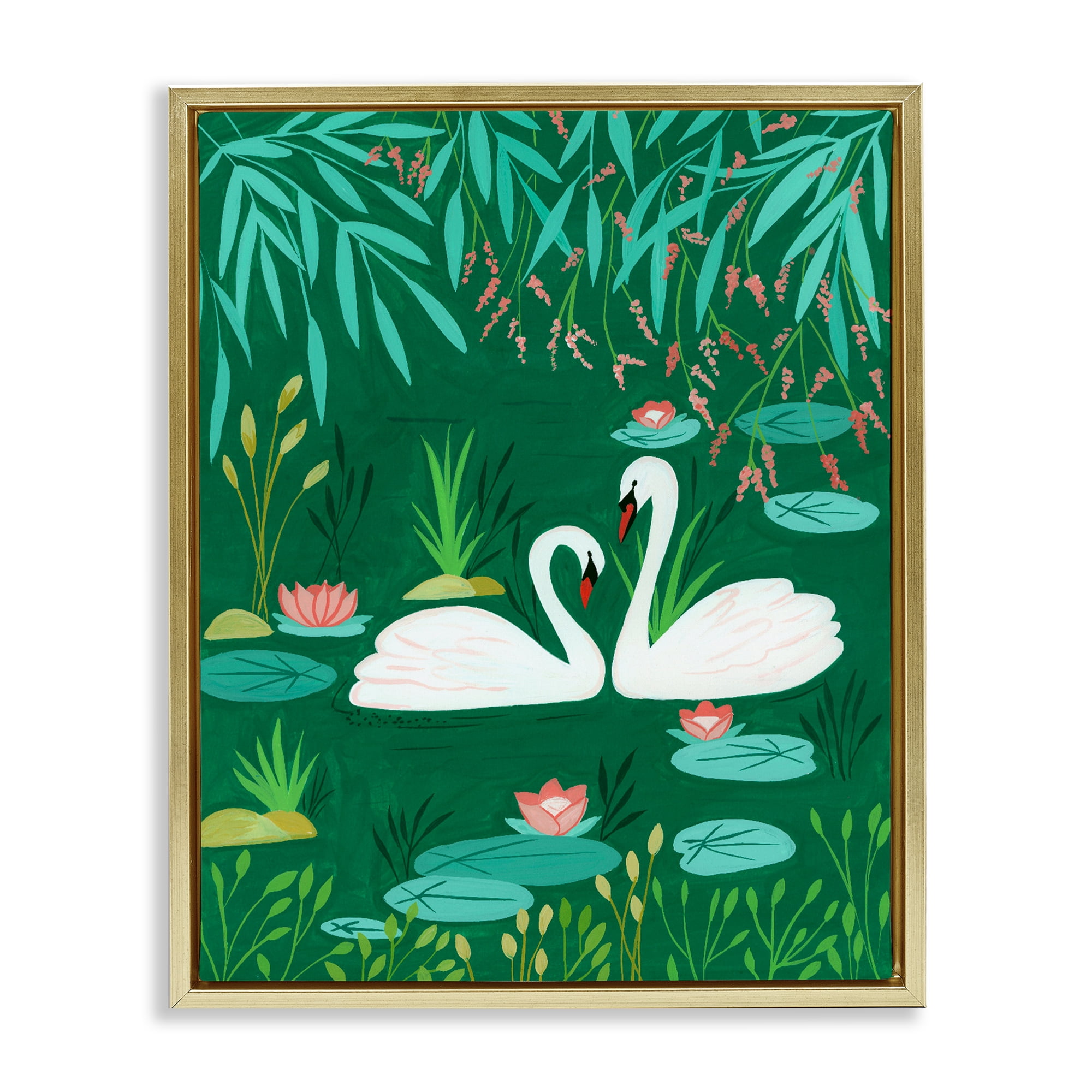 Swan Pair on Green Pond Gold Framed Floater Canvas Wall Art, design by Nabeela Rumi