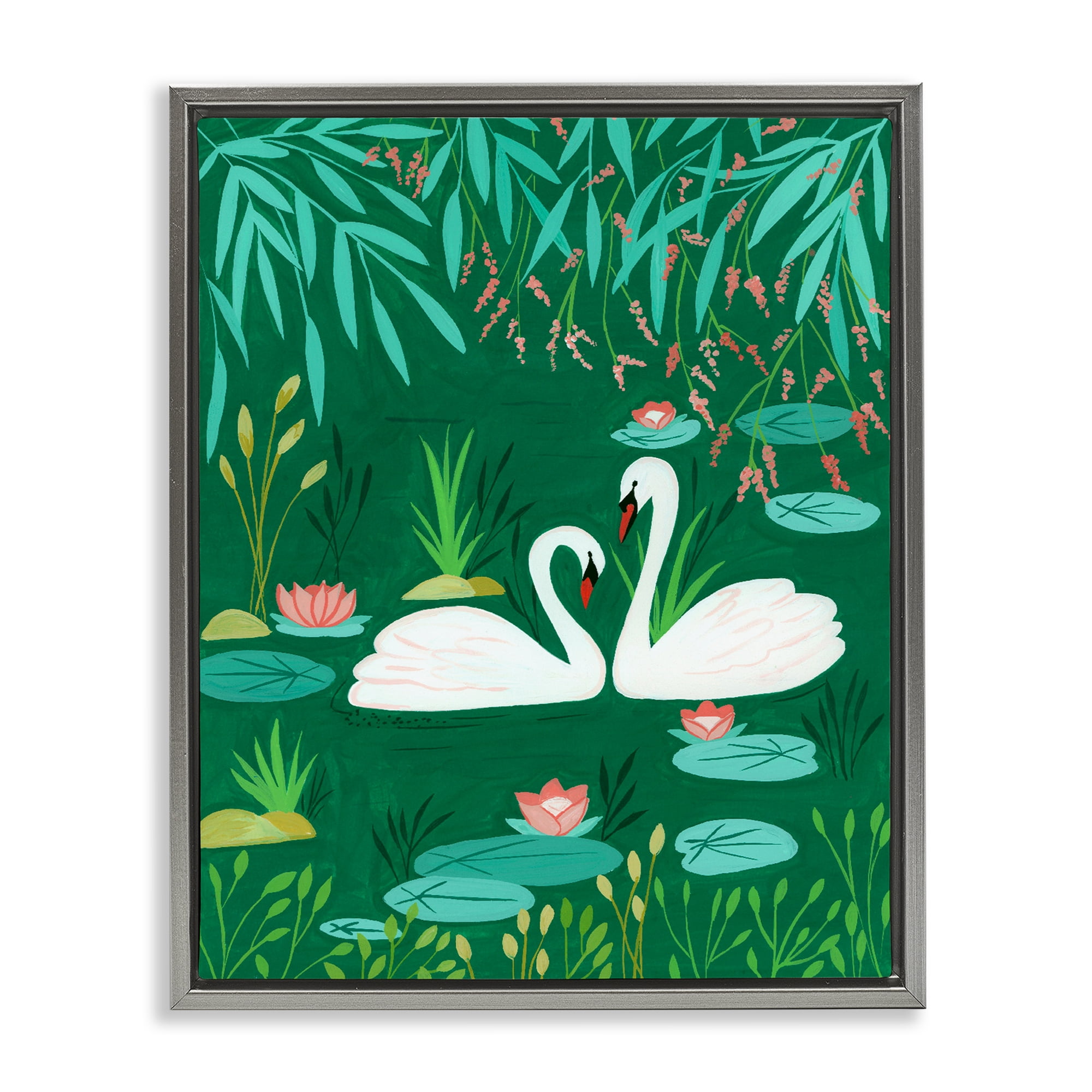 Swan Pair on Green Pond Gray Framed Floater Canvas Wall Art, design by Nabeela Rumi