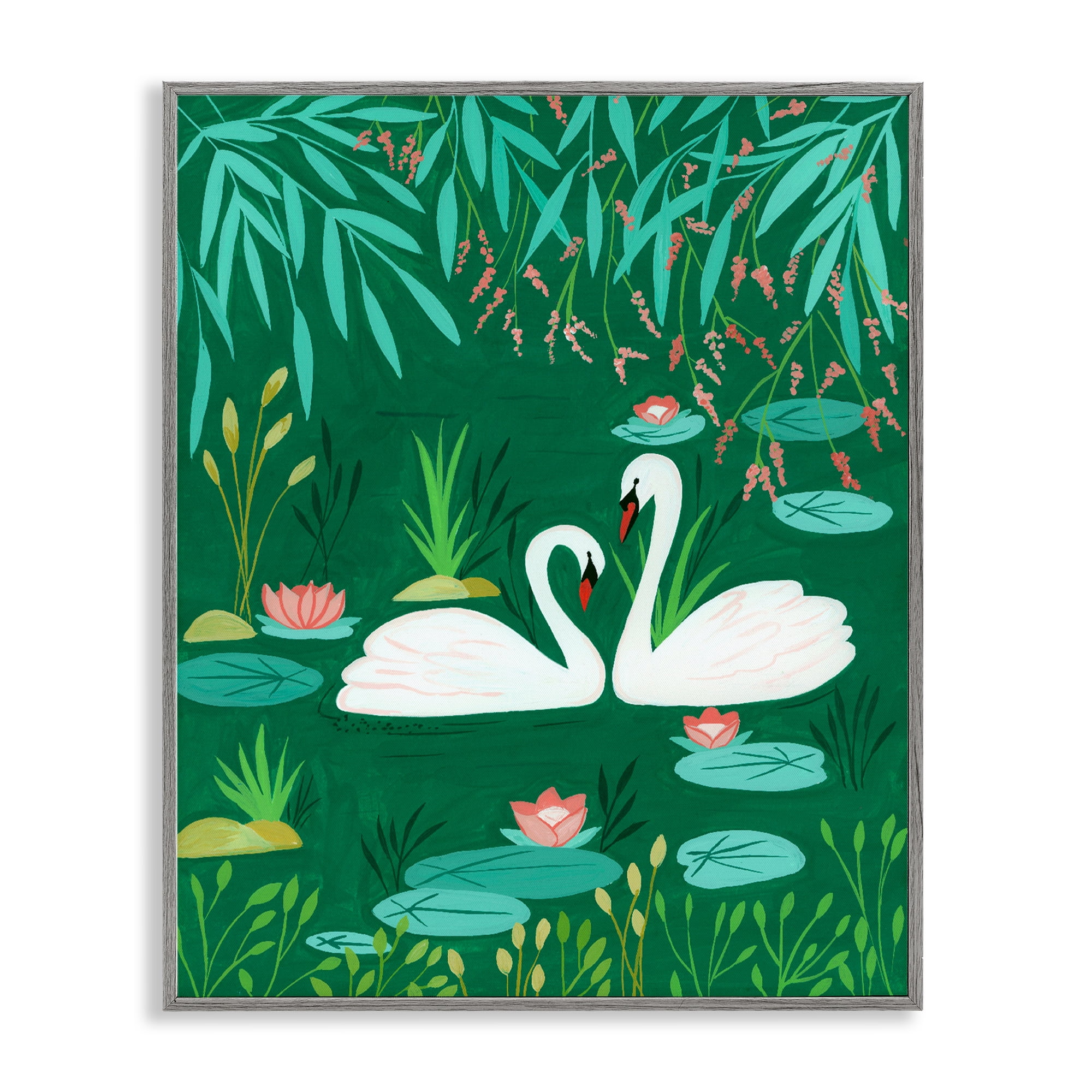 Swan Pair on Green Pond Gray Framed Giclee Art, design by Nabeela Rumi