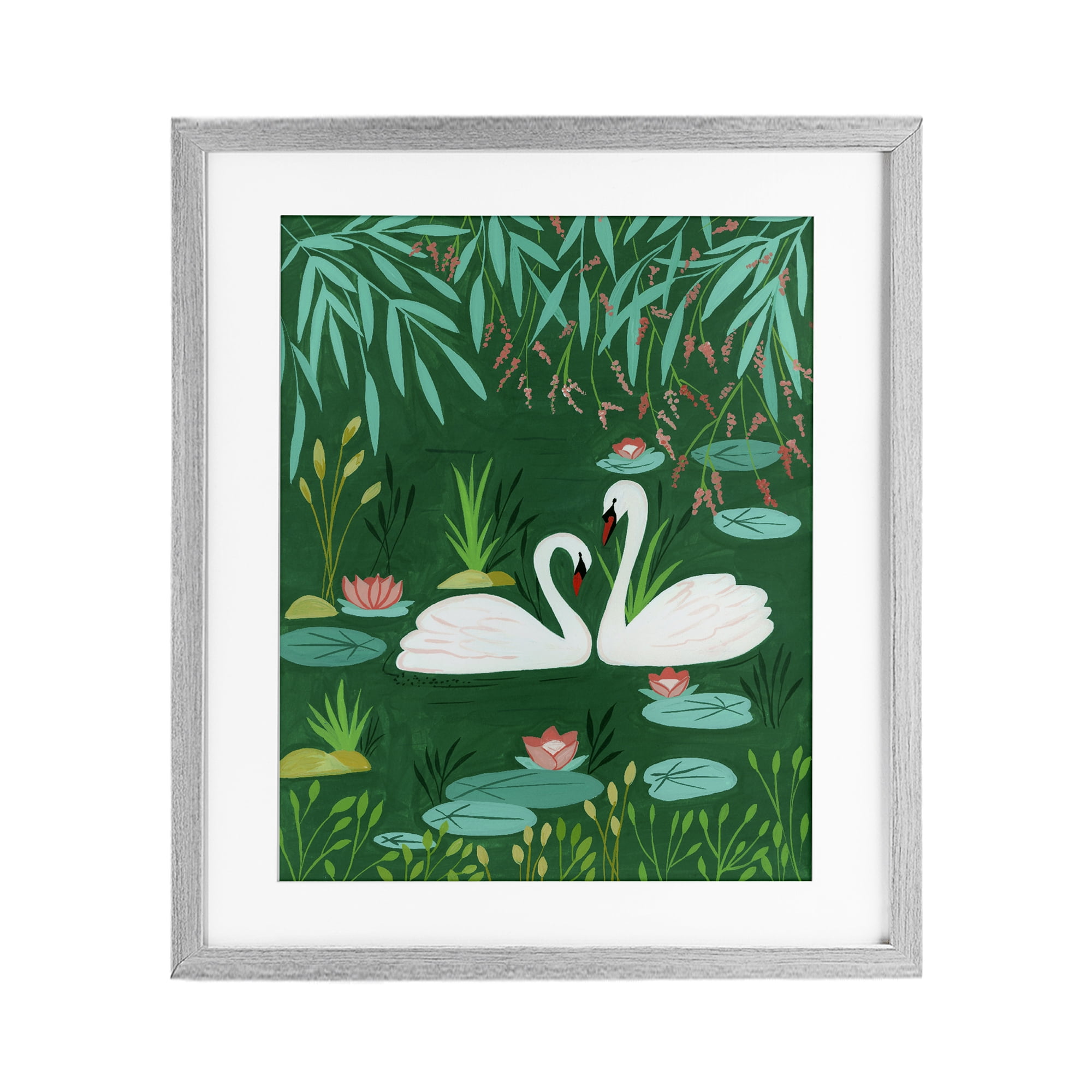 Swan Pair on Green Pond Gray Framed Print Under Glass, design by Nabeela Rumi