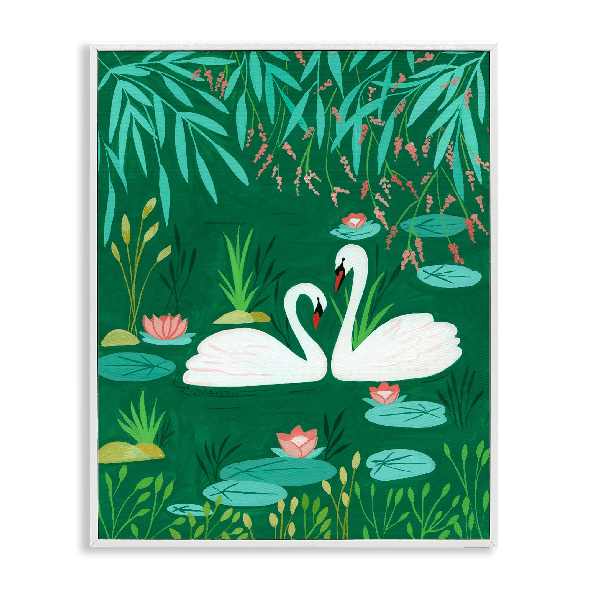Swan Pair on Green Pond White Framed Giclee Art, design by Nabeela Rumi