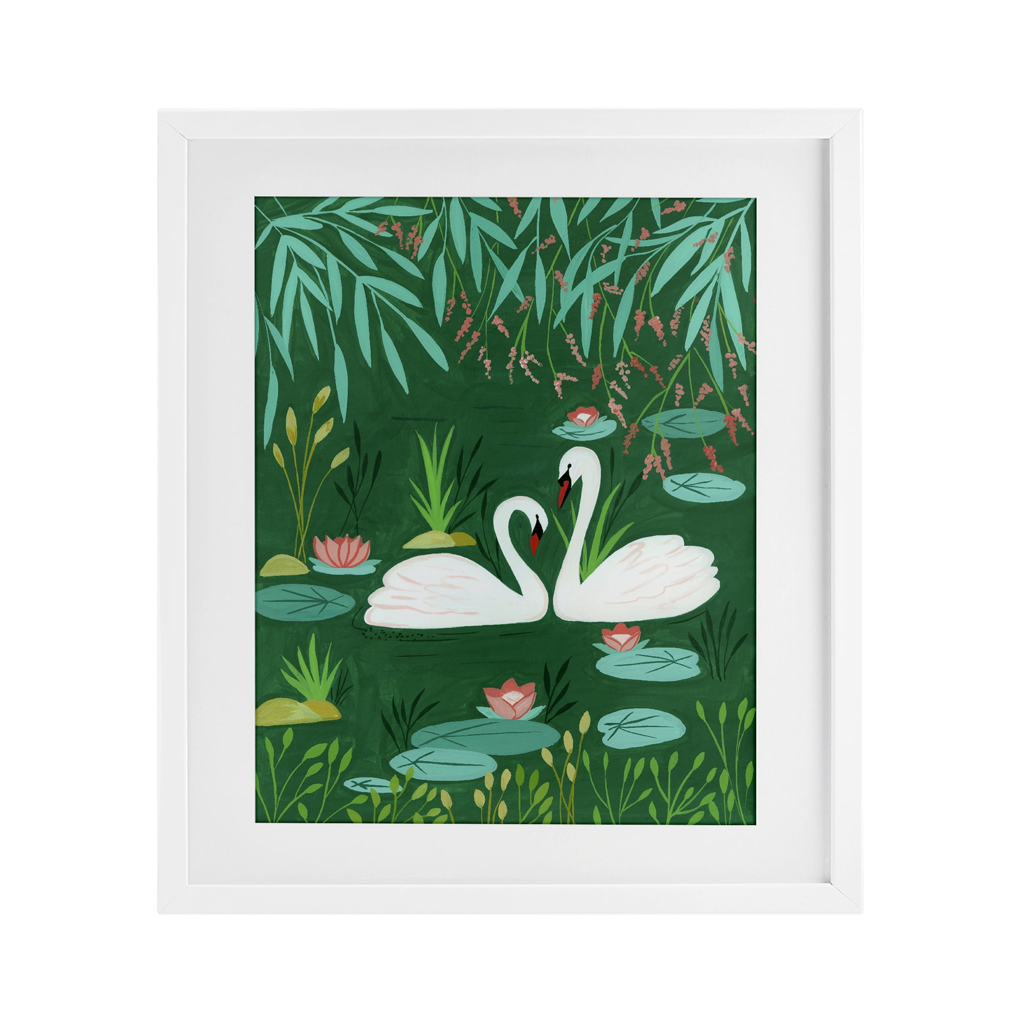 Swan Pair on Green Pond White Framed Print Under Glass, design by Nabeela Rumi