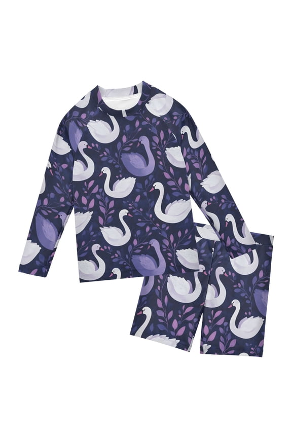 Swan Pattern Boys' Bathing Suit UPF 50+ Boys' Rash Guard Sets Stretchy Quick Dry 3T-10T