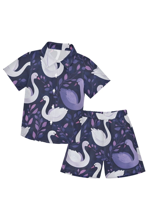 Swan Pattern Boys' Hawaiian Shorts Sets Button Down Shirts 3T-10Y for Beach Vacation