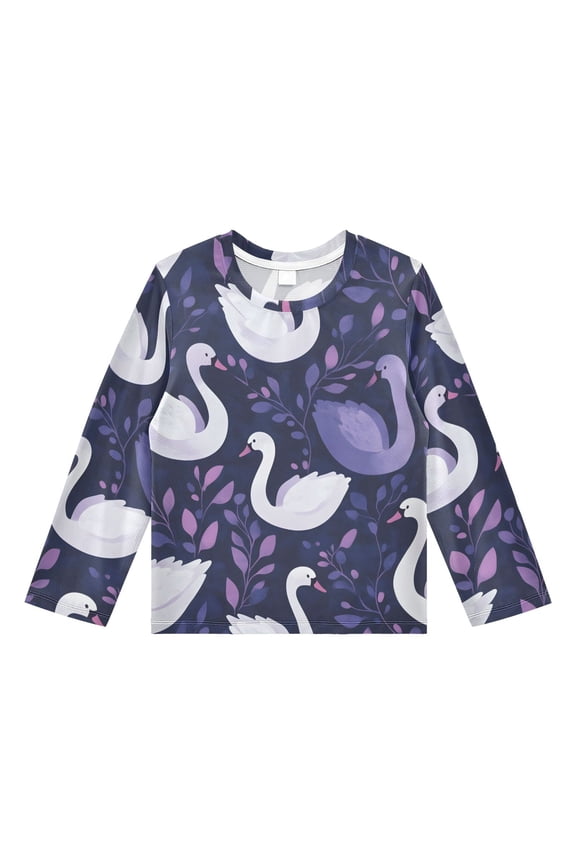 Swan Pattern Boys' Rash Guard Shirts UPF 50 Plus Sun Protection Short Sleeve Swim Tees 9-10T