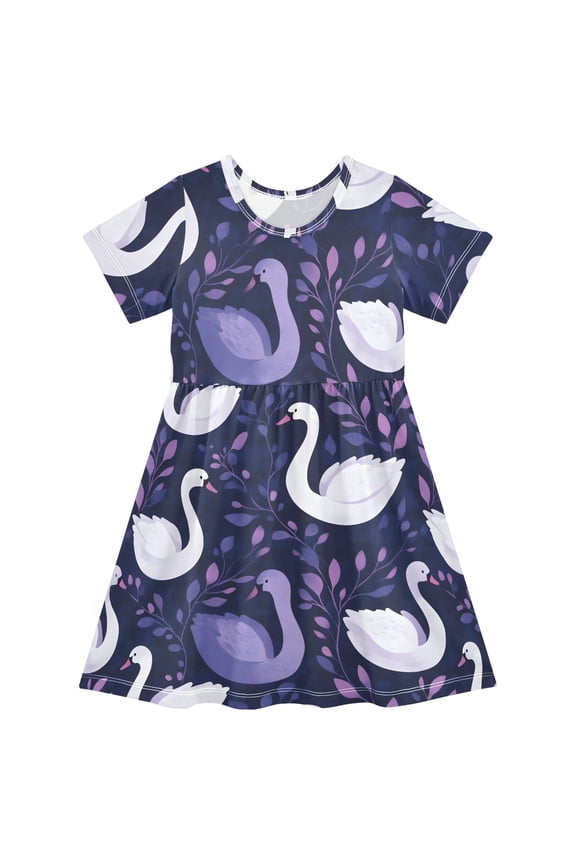 Swan Pattern Girls Short Sleeve Dress A Line Sun Protection Breathable Comfort Sundress 3T