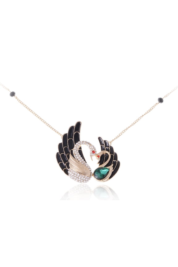 Swan Pendant Golden Tone Black Enamel Synthetic Crystal Rhinestone Necklace