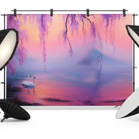 Swan Photography Backdrop 7x5FT, Oil Painting Spring Wisteria Gradient Pink Blue Lake Photo Backdrops, Background for Photography Studio Photo Studio Background, Back Drop for Photoshoot