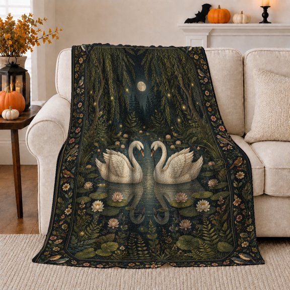 Swan Pond Moonlight Fantasy Forest Scene Enchanted Wildlife, Peaceful Woodland Scene, Warm Flannel Blanket for Cabin and Lodge, Wildlife Lovers Valentine's Day Gift, Fantasy Home Decor