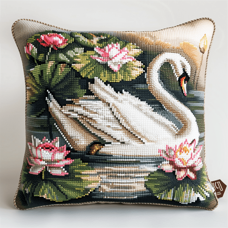 Swan Printed Cross Stitch Pillow Case Kits , 17.72" x 17.72" , Handmade Embroidery Kit Needlepoint Home Decor for Sofa (11ct)