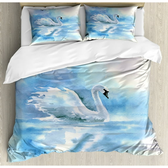 Swan Queen Size Duvet Cover Set, Watercolor Drawing Picture of Swan in the River Hazy Color Aqua Concept Picture Print, Decorative 3 Piece Bedding Set with 2 Pillow Shams, Blue White, by Ambesonne
