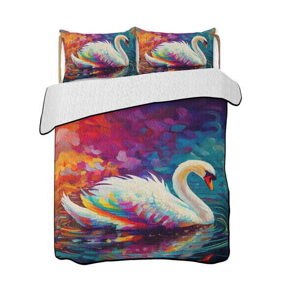 Swan Quilts Bedding Set California King Ripples Colorful Reflection Lake Animals Nature Lightweight Quilted Bedspread 3 Piece Bed Quilt with 2 Pillow Shams All Season for Bedroom 96" x 106"