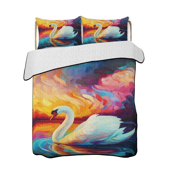 Swan Quilts Bedding Set Full Size Colorful Sunset Water Waves Abstract Animals Lightweight Quilted Bedspread 3 Piece Bed Quilt with 2 Pillow Shams All Season for Bedroom 68" x 98"