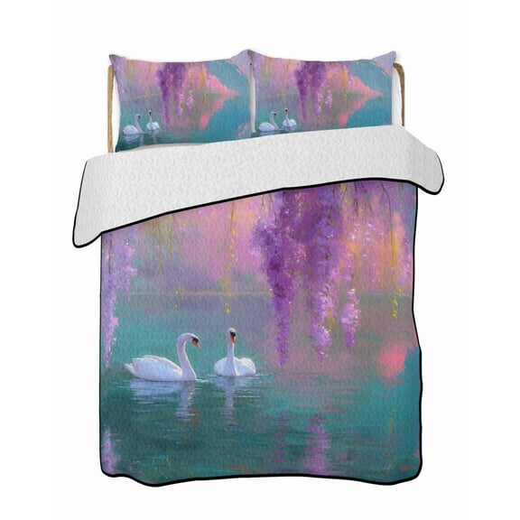 Swan Quilts Bedding Set King Size Oil Painting Spring Wisteria Gradient Pink Green Lake Lightweight Quilted Bedspread 3 Piece Bed Quilt with 2 Pillow Shams All Season for Bedroom 90" x 96"