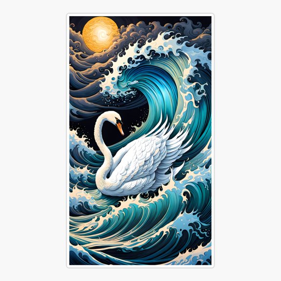Swan Riding Tidal Wave Art Sticker