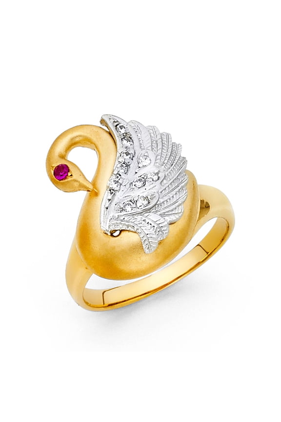 Swan Ring Solid 14k White Yellow Gold Duck Band CZ Goose Diamond Cut Satin Polished Two Tone, Size 5