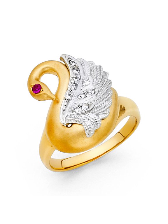 Swan Ring Solid 14k White Yellow Gold Duck Band CZ Goose Diamond Cut Satin Polished Two Tone, Size 7.5