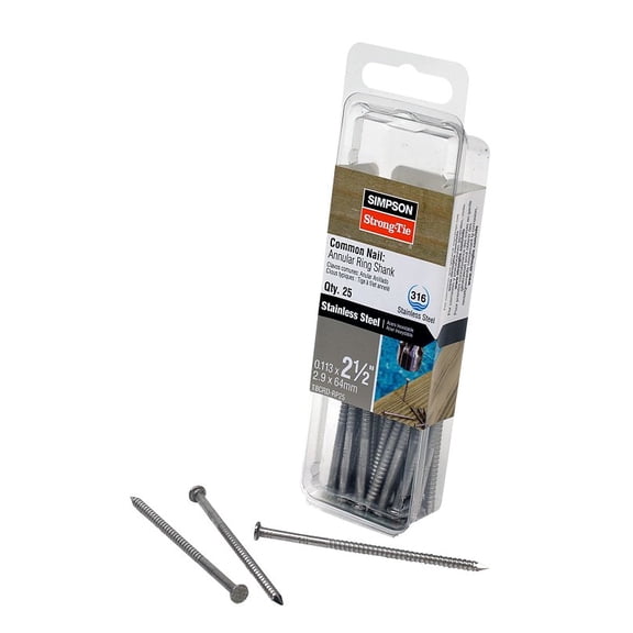 Simpson Strong-Tie T8CRD1 Deck Nail, 8d, 2-1/2 in L, Stainless Steel, Full Round Head, Annular Ring Shank