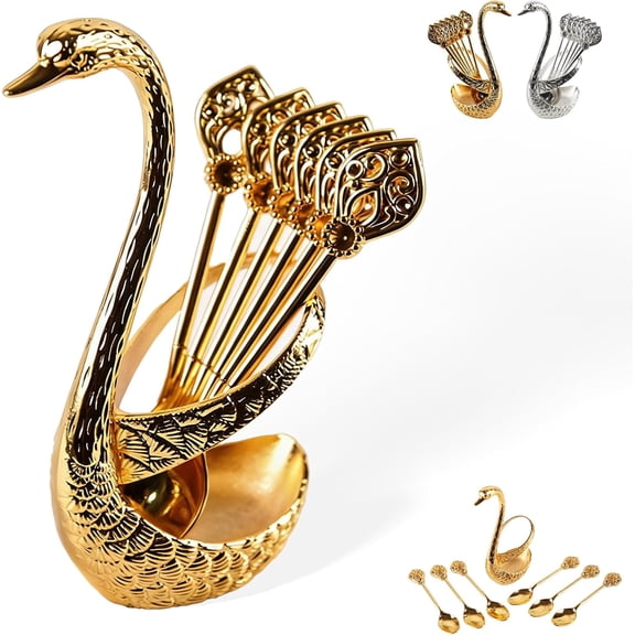 Swan Shaped Coffee Stirring Spoon Set, 6 Pcs Stainless Steel Dessert Spoons with Swan Storage Base, Gloden Table Flatware for Coffee Ice Cream Cake Home Kitchen Cafe (k)