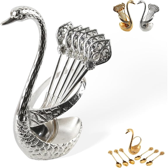 Swan Shaped Coffee Stirring Spoon Set, 6 Pcs Stainless Steel Dessert Spoons with Swan Storage Base, Silver Table Flatware for Coffee Ice Cream Cake Home Kitchen Cafe (k)