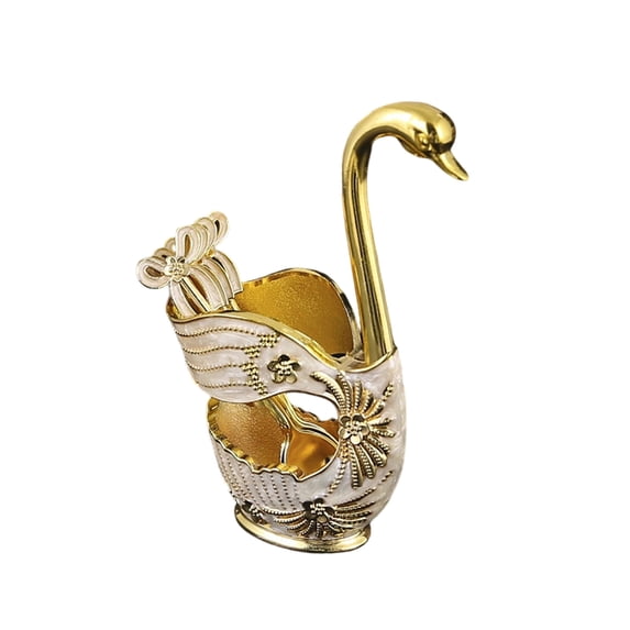 Swan-Shaped Metal Utensil Holder with Gold Coffee Spoon Set – Elegant Kitchen & Dining Table Decor, 6.5"x4"x3", Gold
