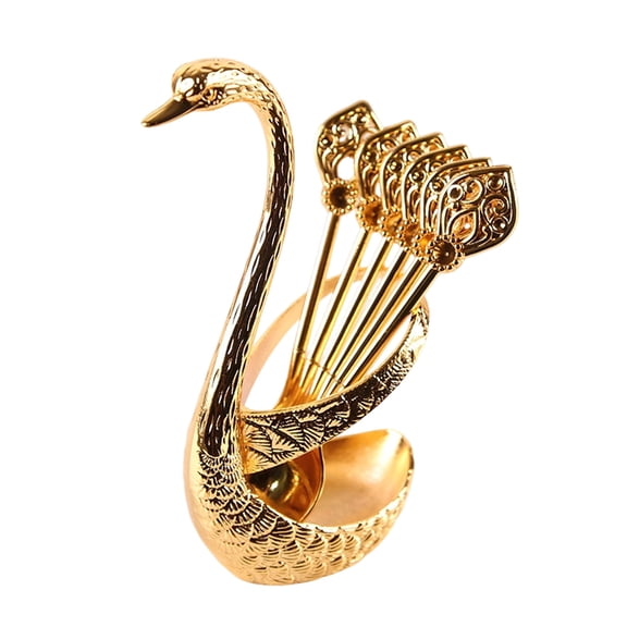 Swan Shaped Spoon Set with Holder Decorative Metal Tableware for Kitchen Dining Tea Coffee Dessert Fruit Use 7 Piece Set Ornament