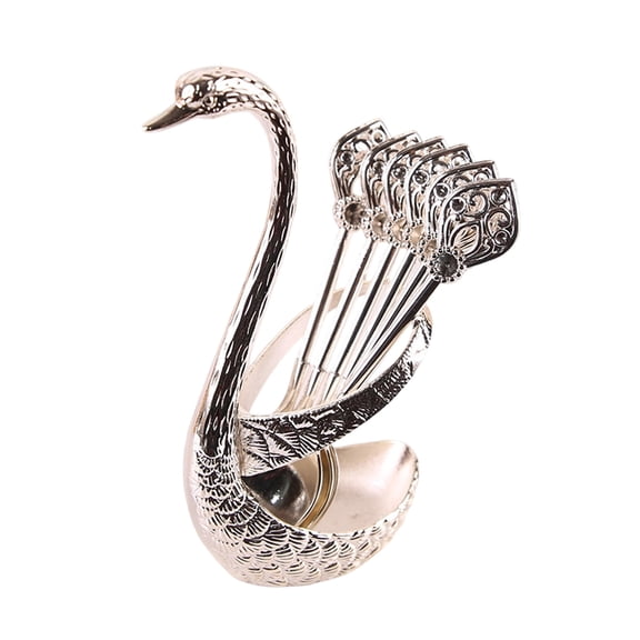 Swan Shaped Spoon Set with Holder Decorative Metal Tableware for Kitchen Dining Tea Coffee Dessert Fruit Use 7 Piece Set Ornament