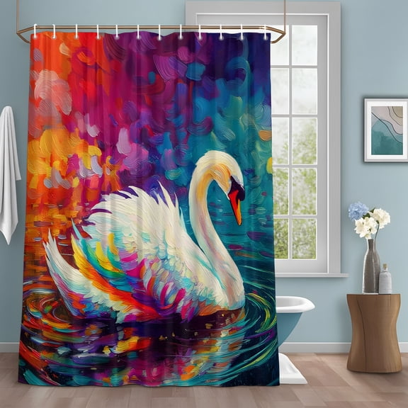 Swan Shower Curtain with Hooks, Ripples Colorful Reflection Lake Animals Nature Water Repellent Shower Curtains for Bathroom Decor Sturdy Shower Curtain, Machine Washable 36x72 Inch